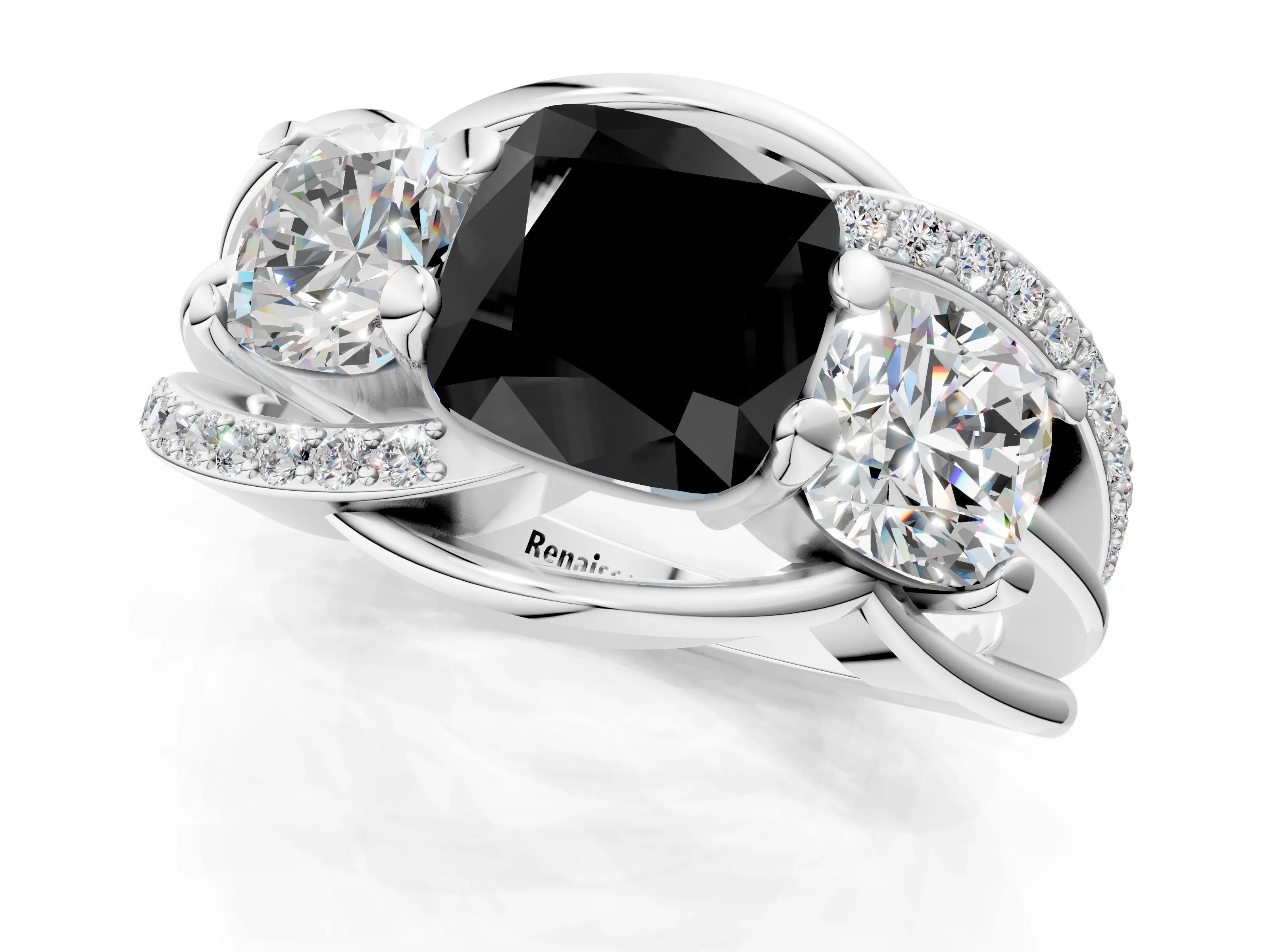 White gold Three-Stone Fancy Black Cushion Cut Cut Diamond Split Shank Prong Set Ring_1