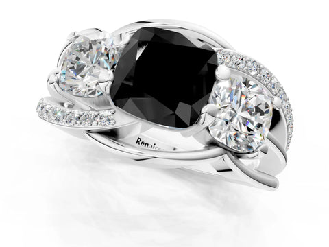 White gold Three-Stone Fancy Black Cushion Cut Cut Diamond Split Shank Prong Set Ring_1