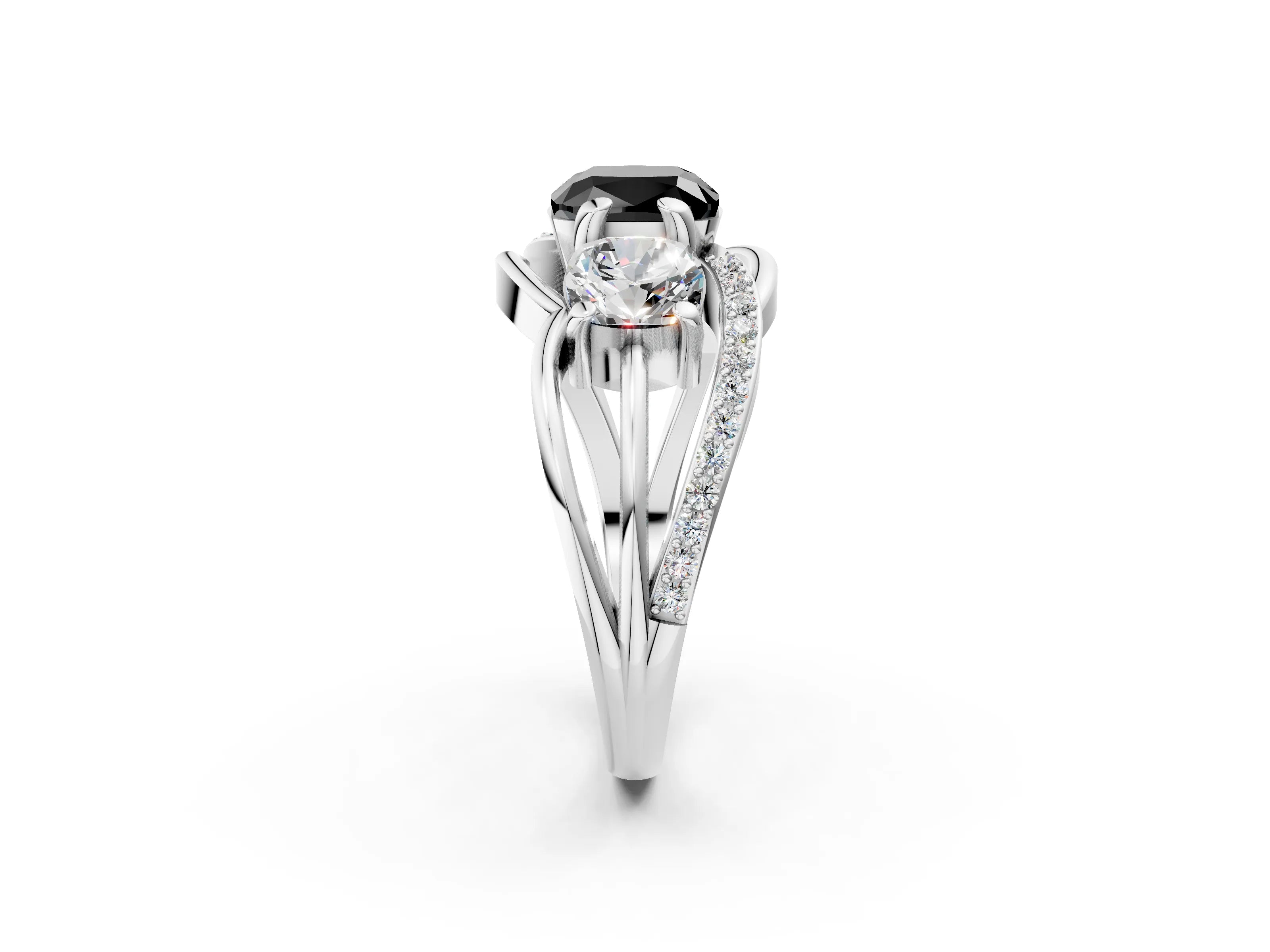 White gold Three-Stone Fancy Black Cushion Cut Cut Diamond Split Shank Prong Set Ring_2