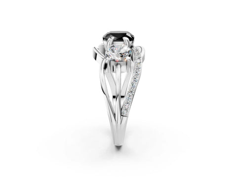 White gold Three-Stone Fancy Black Cushion Cut Cut Diamond Split Shank Prong Set Ring_2