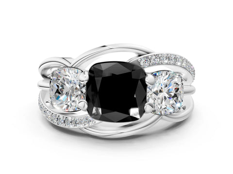 White gold Three-Stone Fancy Black Cushion Cut Cut Diamond Split Shank Prong Set Ring