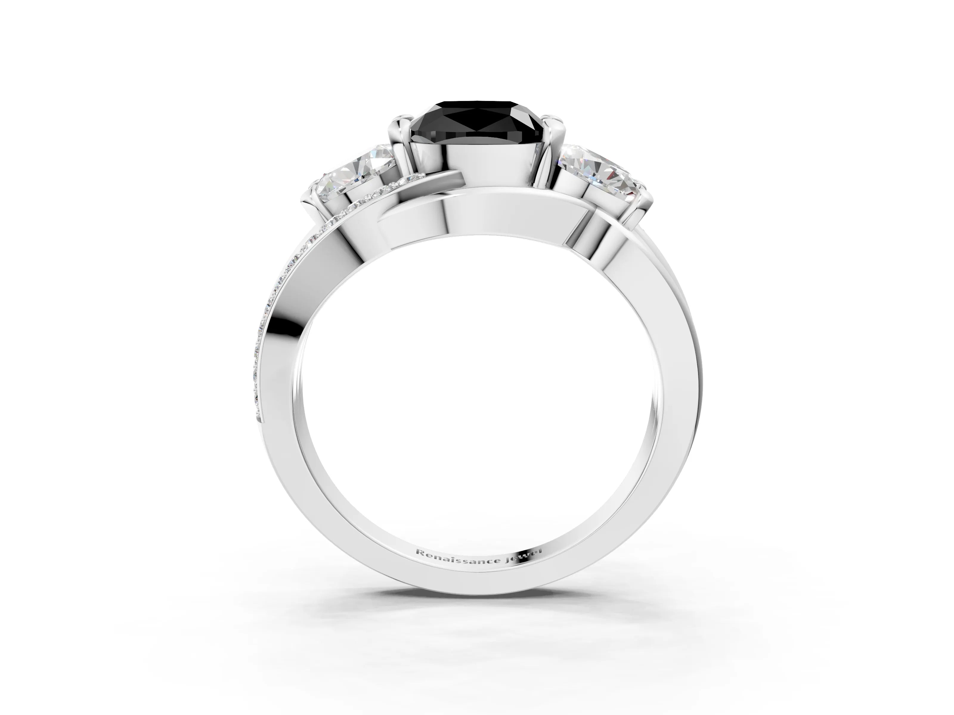White gold Three-Stone Fancy Black Cushion Cut Cut Diamond Split Shank Prong Set Ring_3