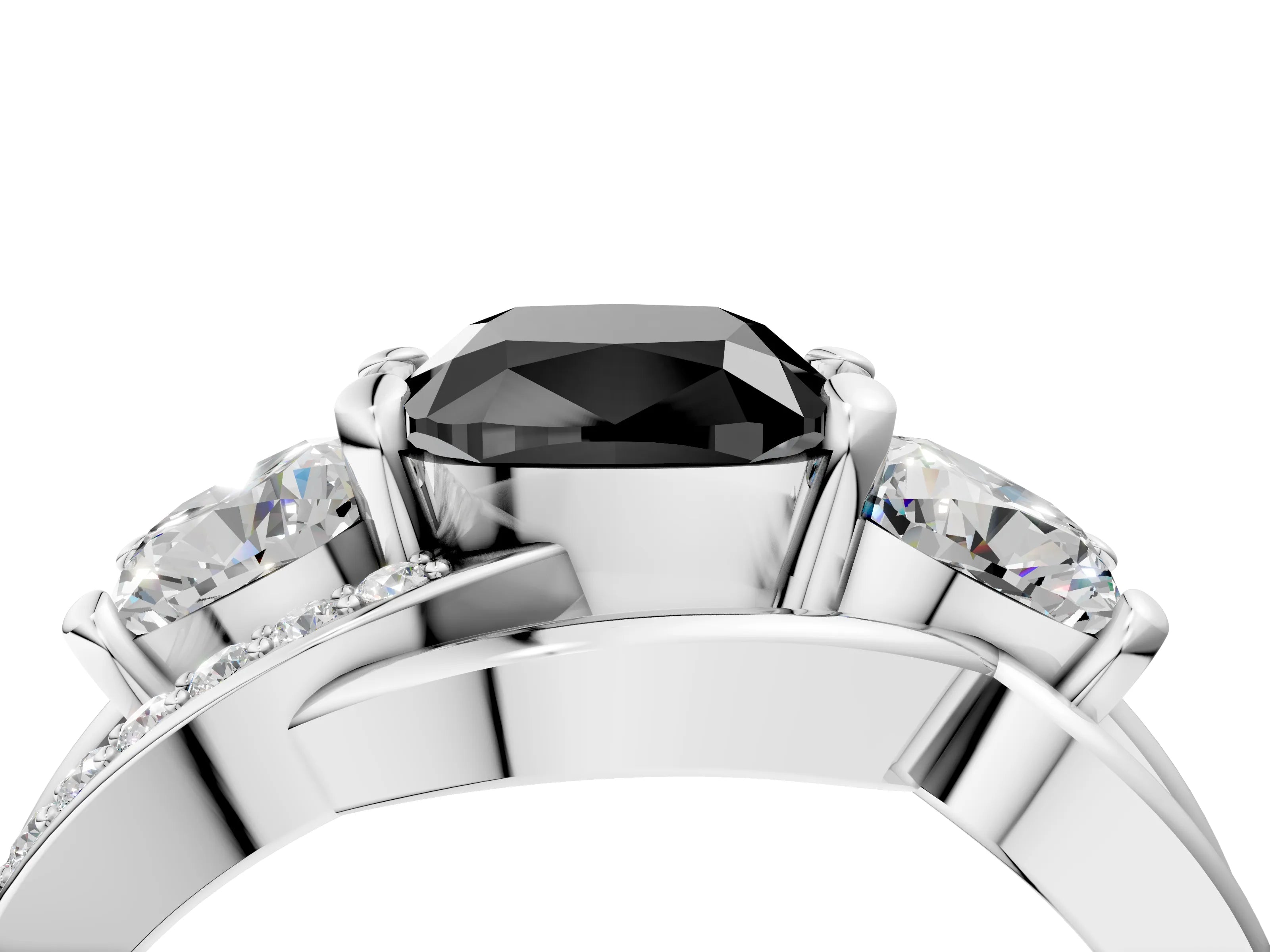 White gold Three-Stone Fancy Black Cushion Cut Cut Diamond Split Shank Prong Set Ring_4
