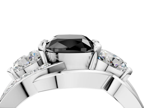 White gold Three-Stone Fancy Black Cushion Cut Cut Diamond Split Shank Prong Set Ring_4