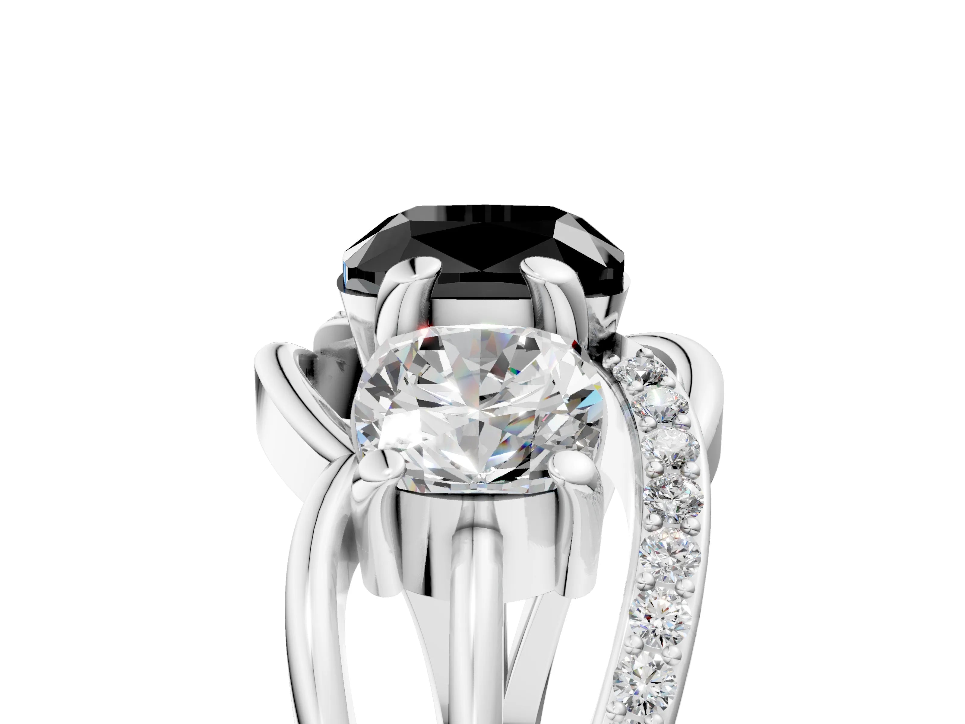White gold Three-Stone Fancy Black Cushion Cut Cut Diamond Split Shank Prong Set Ring_5