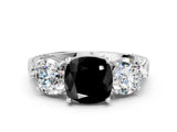 White gold Three-Stone Fancy Black Cushion Cut Cut Milgrain Band Prong Setting Ring_6