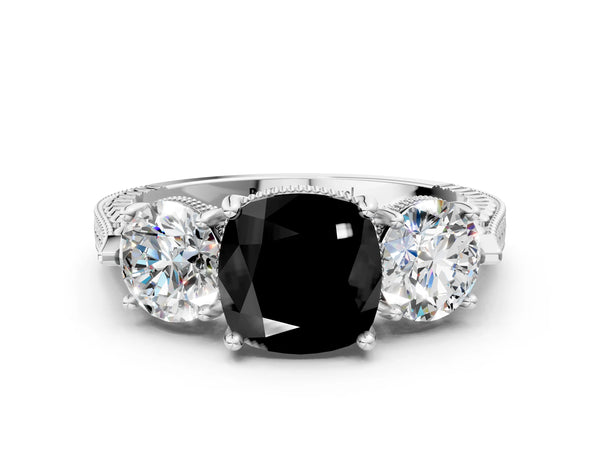 White Gold Cushion Cut Vintage Three Stone Engagement Ring Setting for Black Center