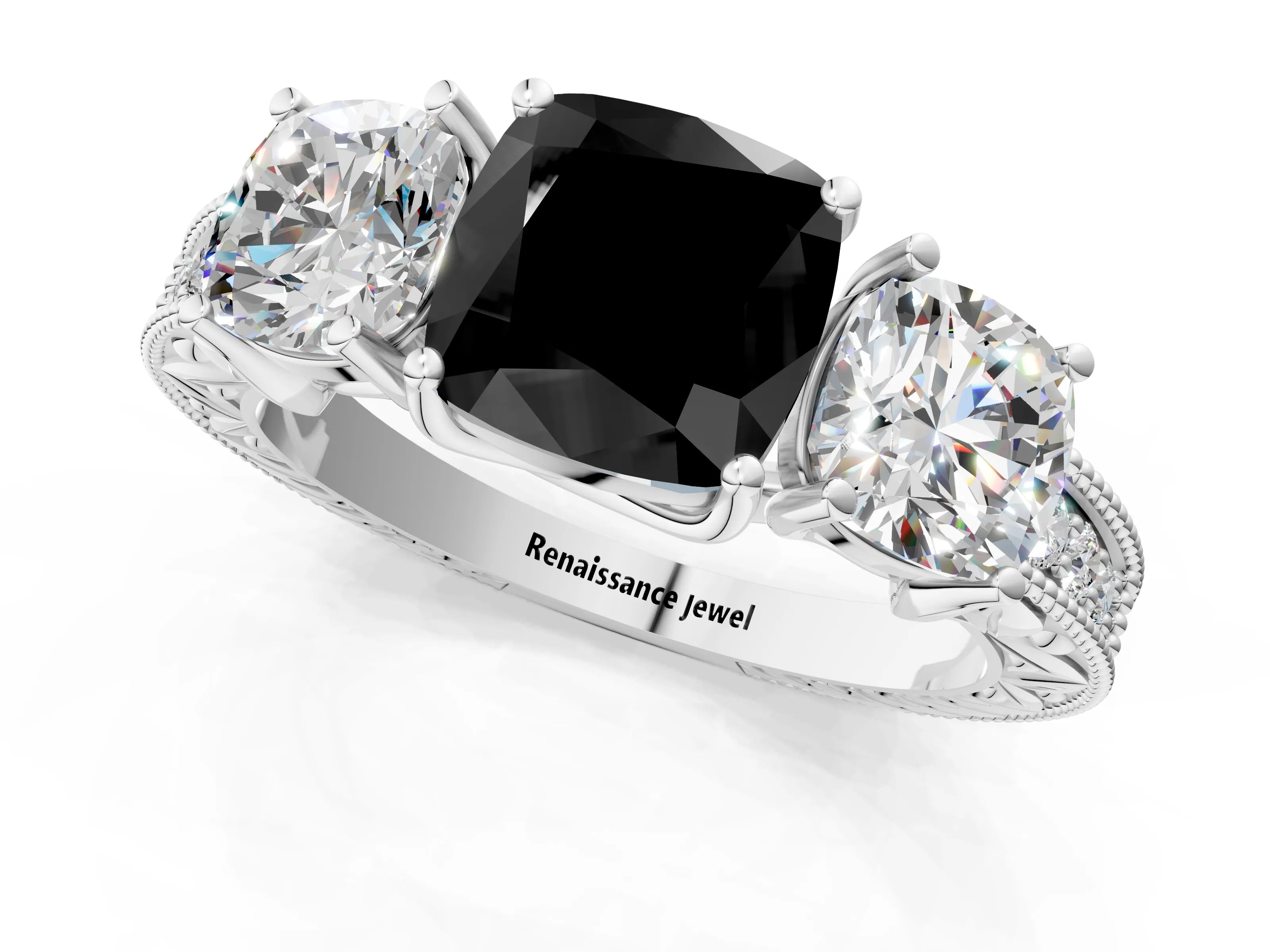 White gold Three-Stone Fancy Black Cushion Cut Cut Milgrain Pavé Engagement Ring_1