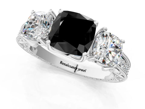 White gold Three-Stone Fancy Black Cushion Cut Cut Milgrain Pavé Engagement Ring_1