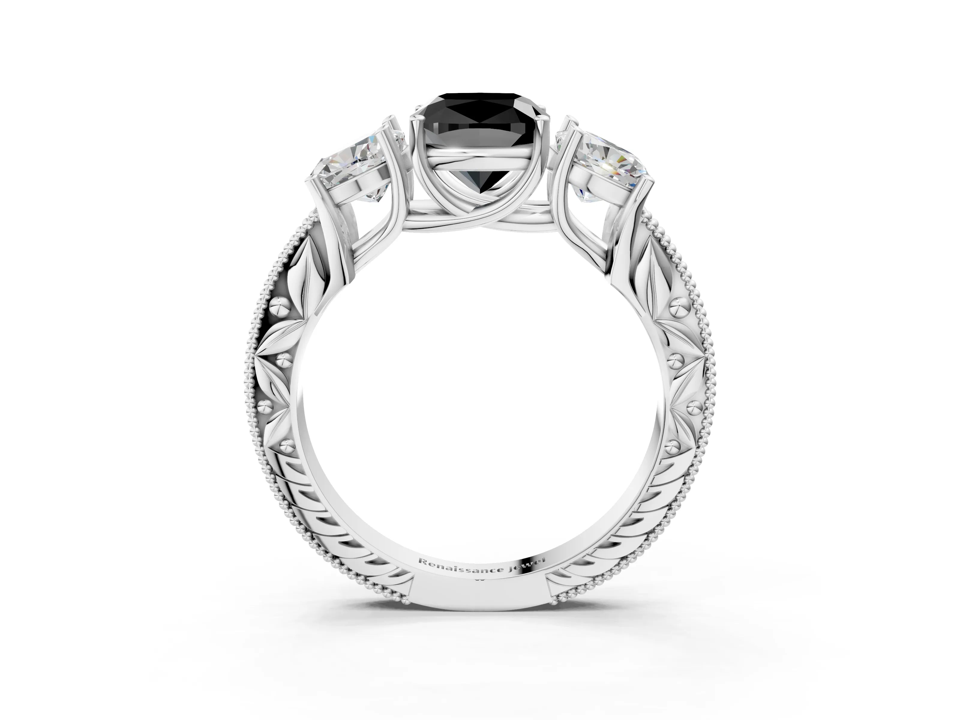 White gold Three-Stone Fancy Black Cushion Cut Cut Milgrain Pavé Engagement Ring_3