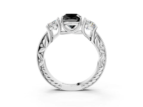 White gold Three-Stone Fancy Black Cushion Cut Cut Milgrain Pavé Engagement Ring_3