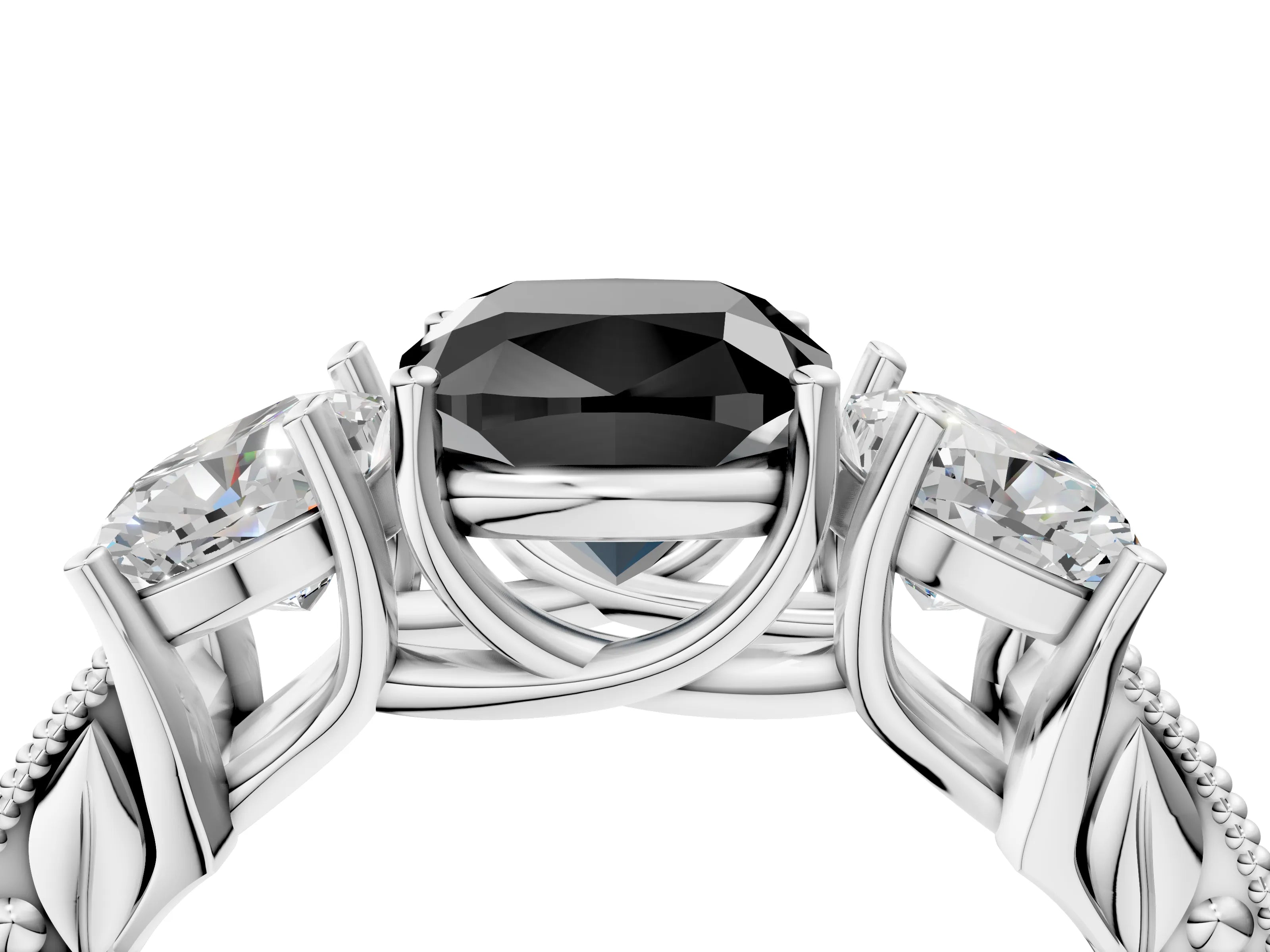 White gold Three-Stone Fancy Black Cushion Cut Cut Milgrain Pavé Engagement Ring_4