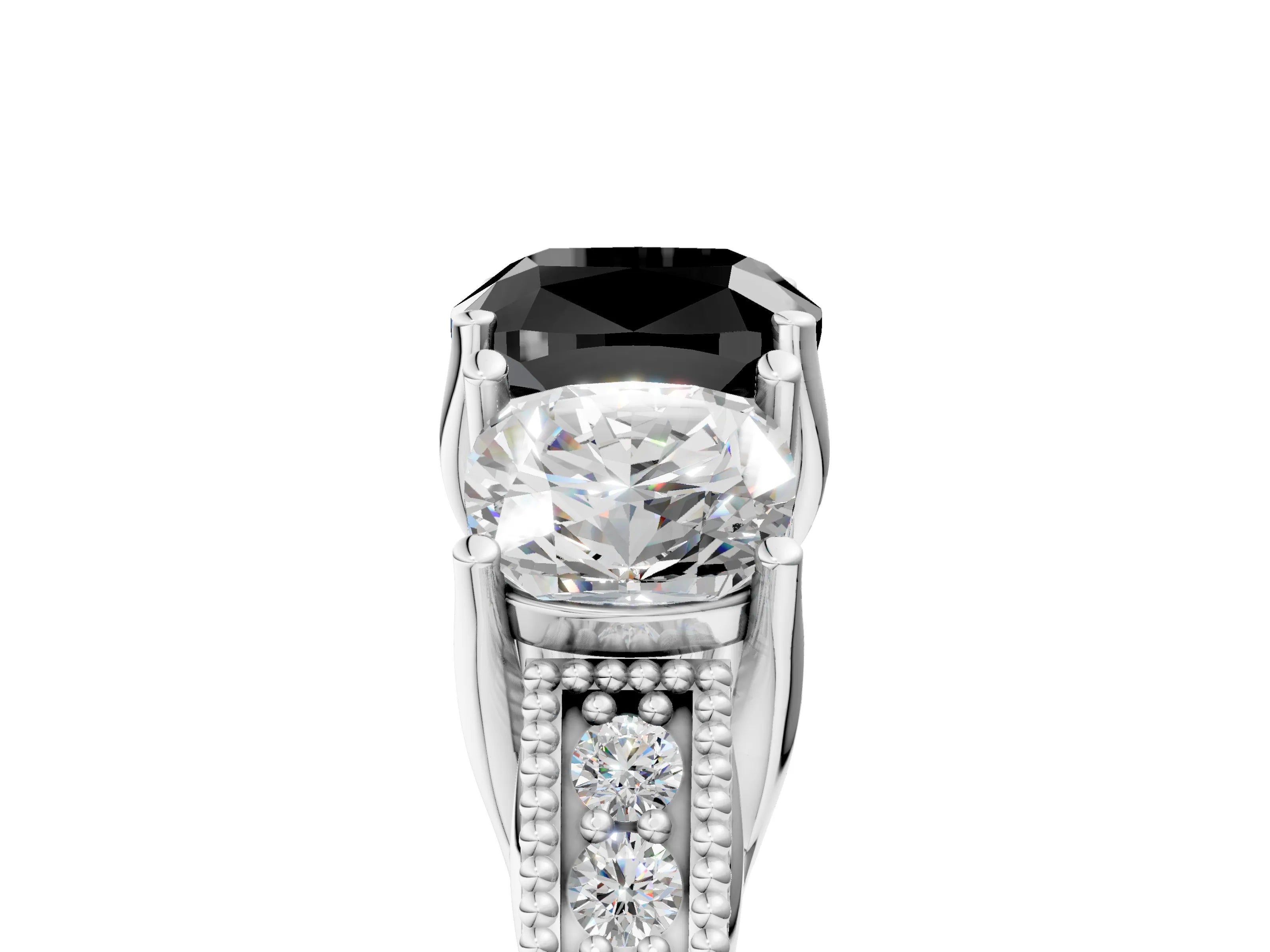 White gold Three-Stone Fancy Black Cushion Cut Cut Milgrain Pavé Engagement Ring_5
