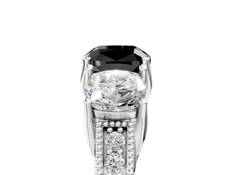 White gold Three-Stone Fancy Black Cushion Cut Cut Milgrain Pavé Engagement Ring_5