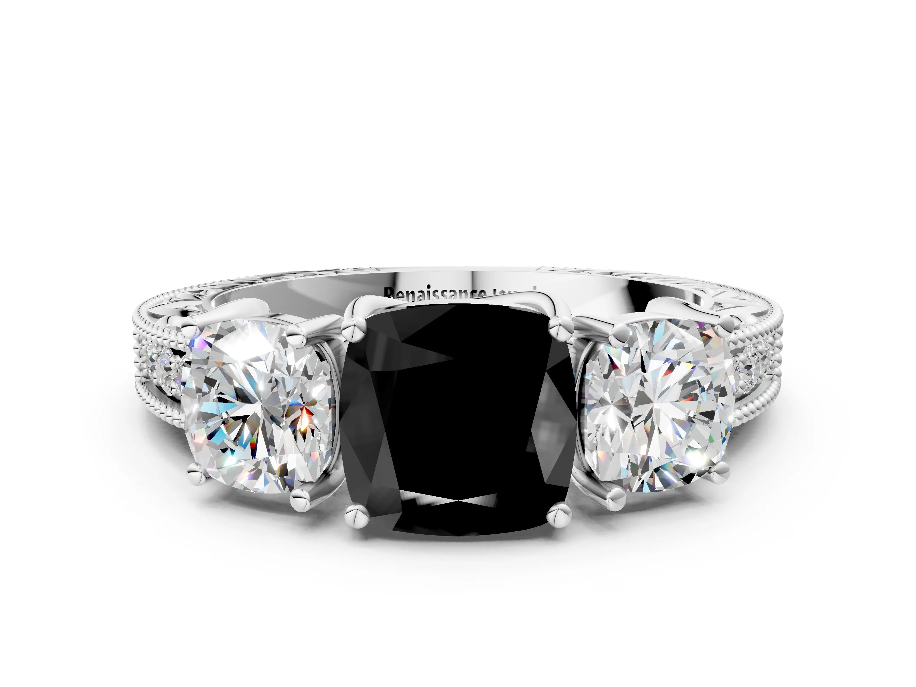 White gold Three-Stone Fancy Black Cushion Cut Cut Milgrain Pavé Engagement Ring