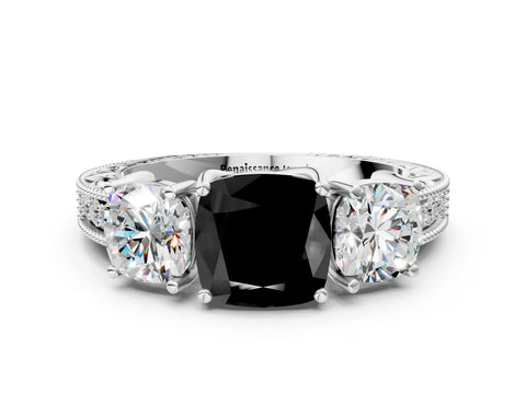 White gold Three-Stone Fancy Black Cushion Cut Cut Milgrain Pavé Engagement Ring
