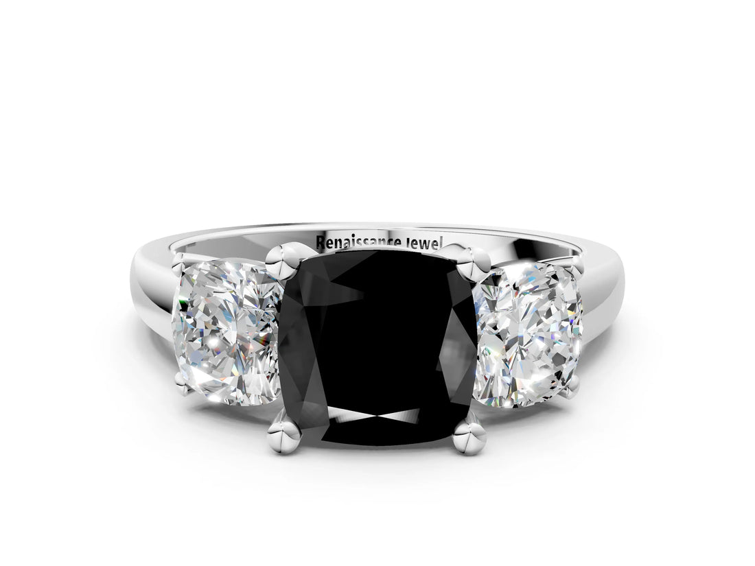 White gold Three-Stone Fancy Black Cushion Cut Cut Solitaire Ring with Classic Prong Setting_12