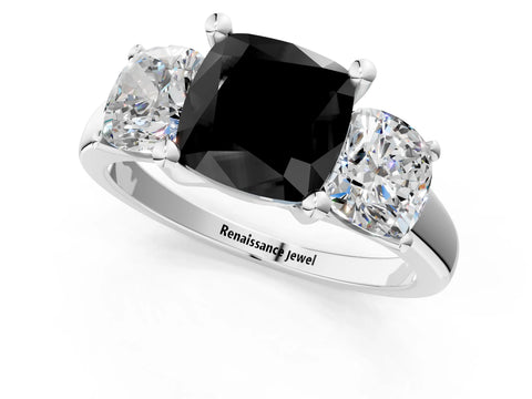 White gold Three-Stone Fancy Black Cushion Cut Cut Solitaire Ring with Classic Prong Setting_13