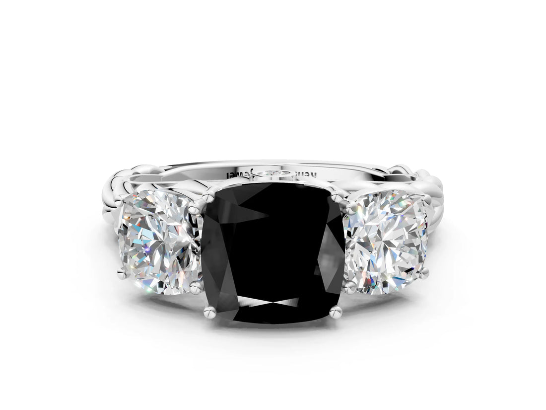 White gold Three-Stone Fancy Black Cushion Cut Diamond Braided Band Ring with Four-Prong Setting_12