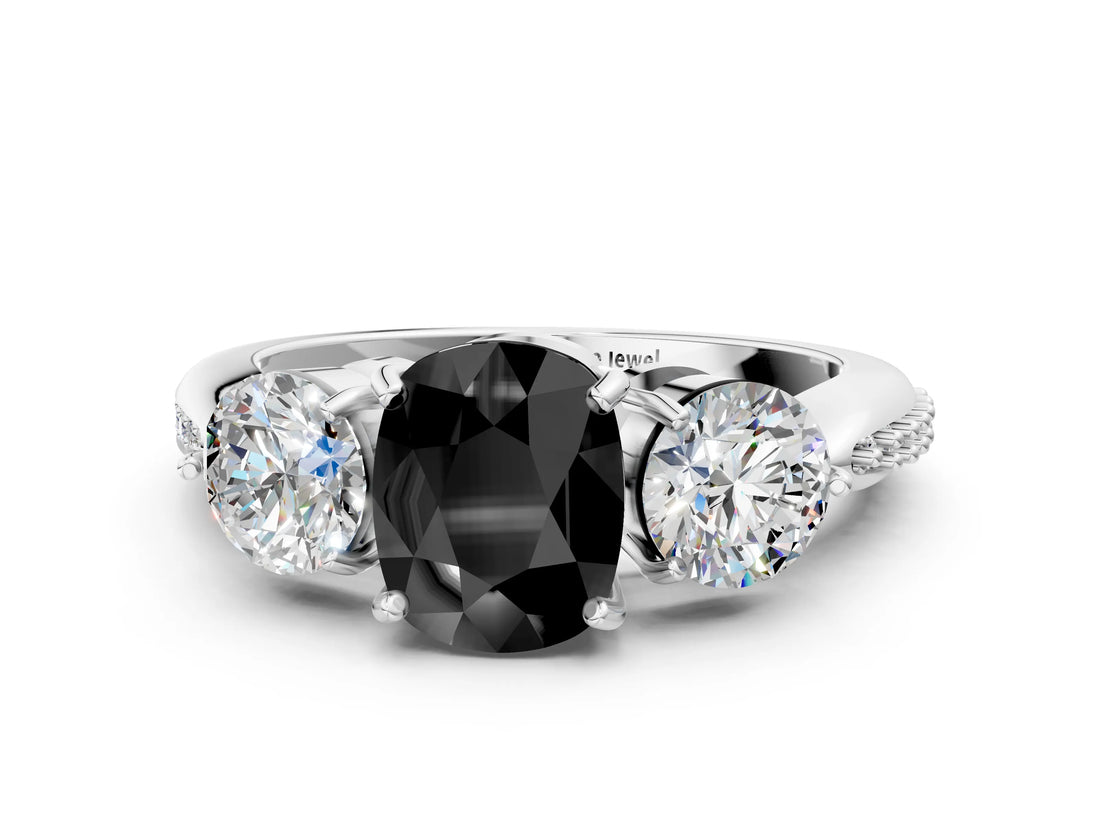 White gold Three-Stone Fancy Black Cushion Cut Diamond Channel Set Engagement Ring with Prong Setting_12
