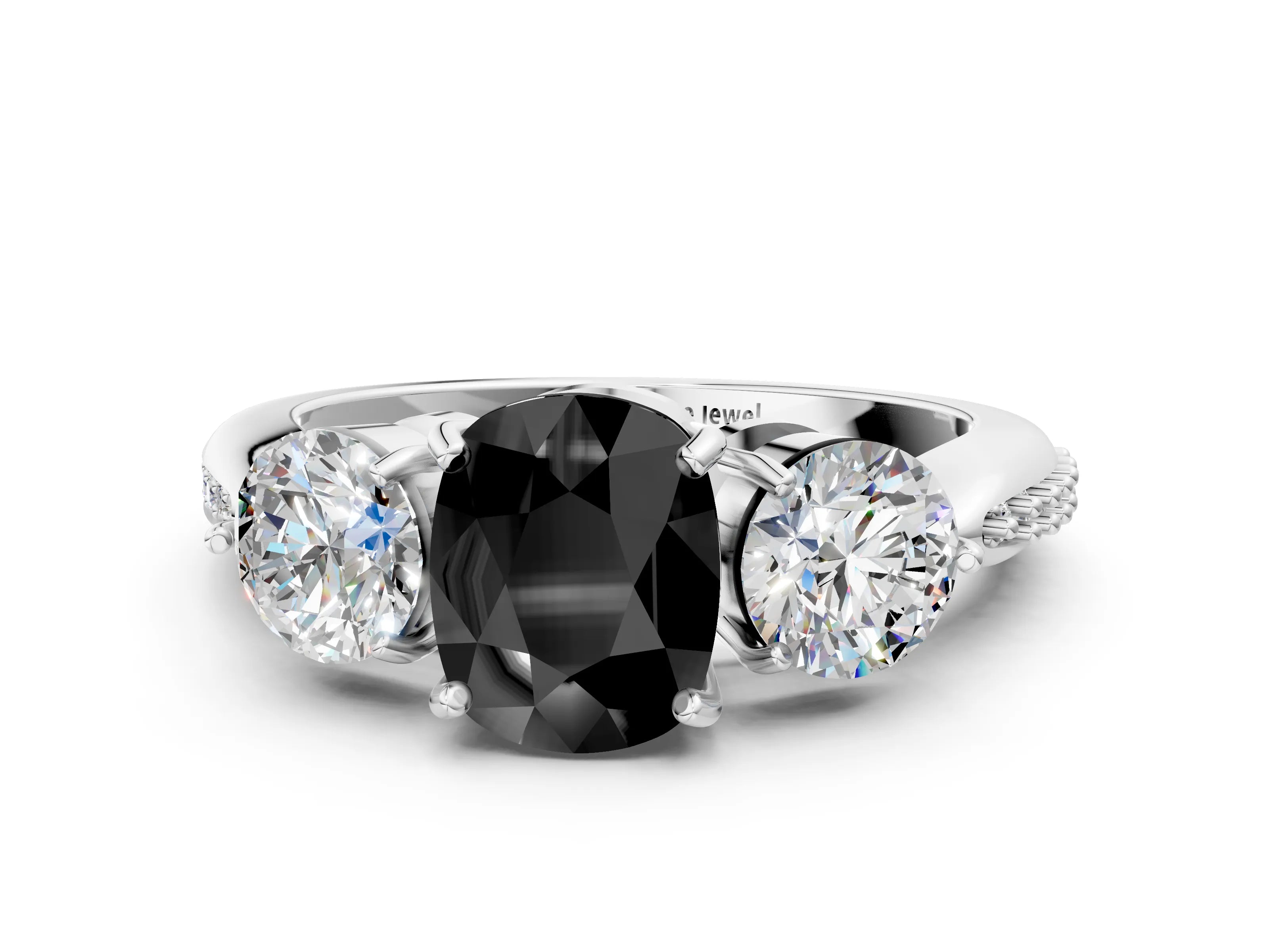 White gold Three-Stone Fancy Black Cushion Cut Diamond Channel Set Engagement Ring with Prong Setting_12