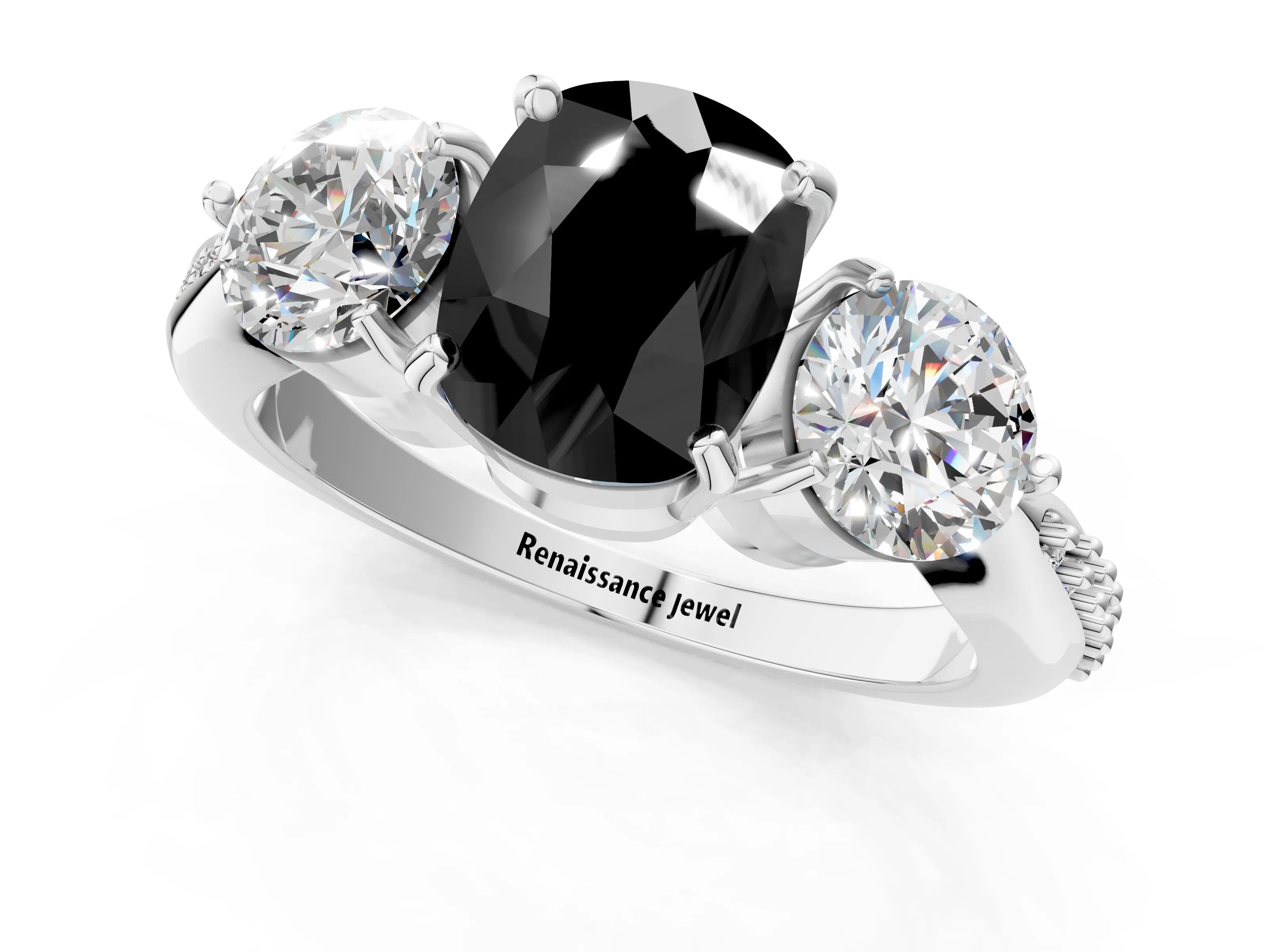 White gold Three-Stone Fancy Black Cushion Cut Diamond Channel Set Engagement Ring with Prong Setting_13