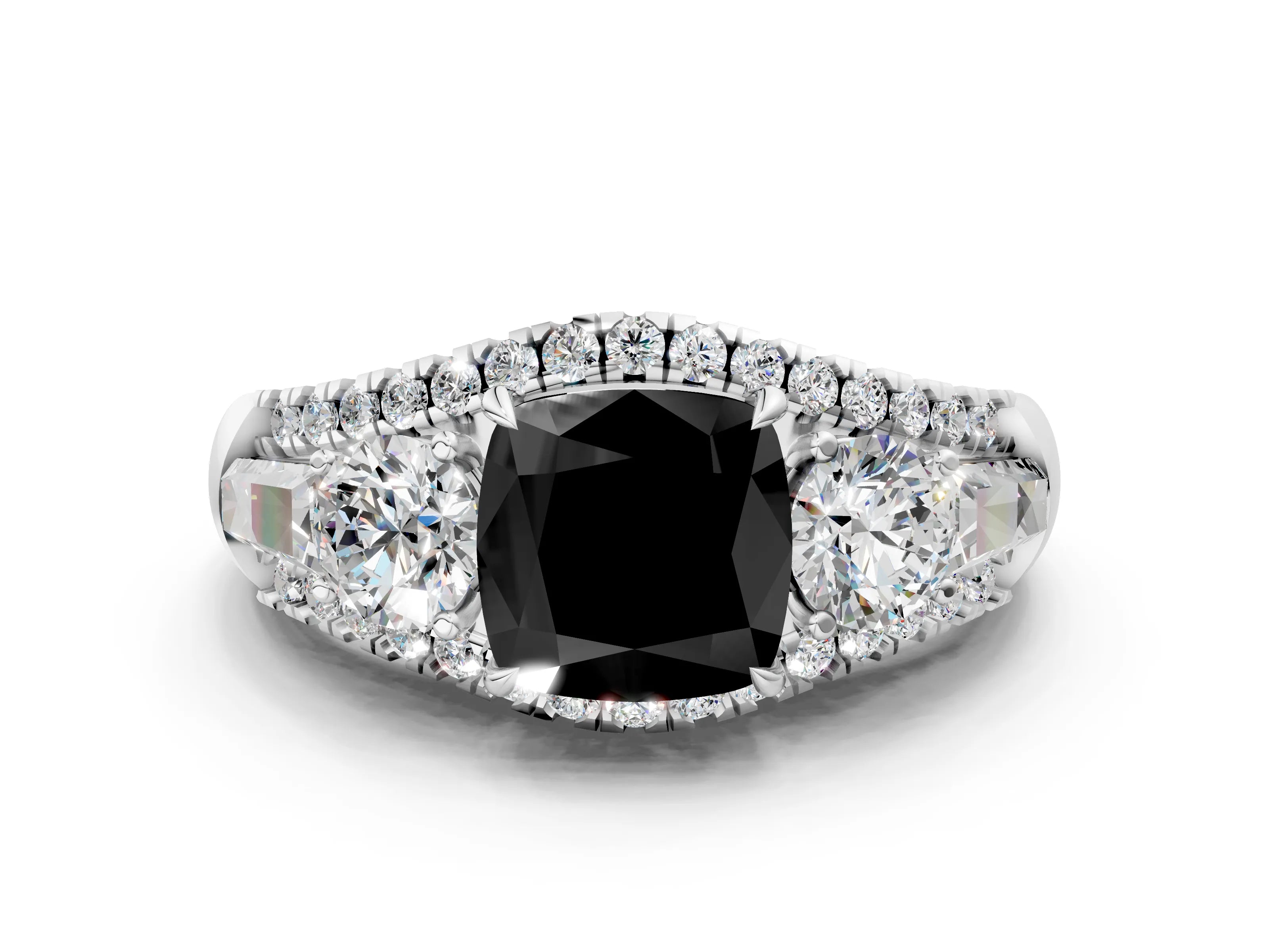White gold Three-Stone Fancy Black Cushion Cut Diamond Engagement Ring with Pave Band and Prong Setting_12