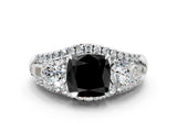 White gold Three-Stone Fancy Black Cushion Cut Diamond Engagement Ring with Pave Band and Prong Setting_12