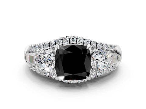White gold Three-Stone Fancy Black Cushion Cut Diamond Engagement Ring with Pave Band and Prong Setting_12