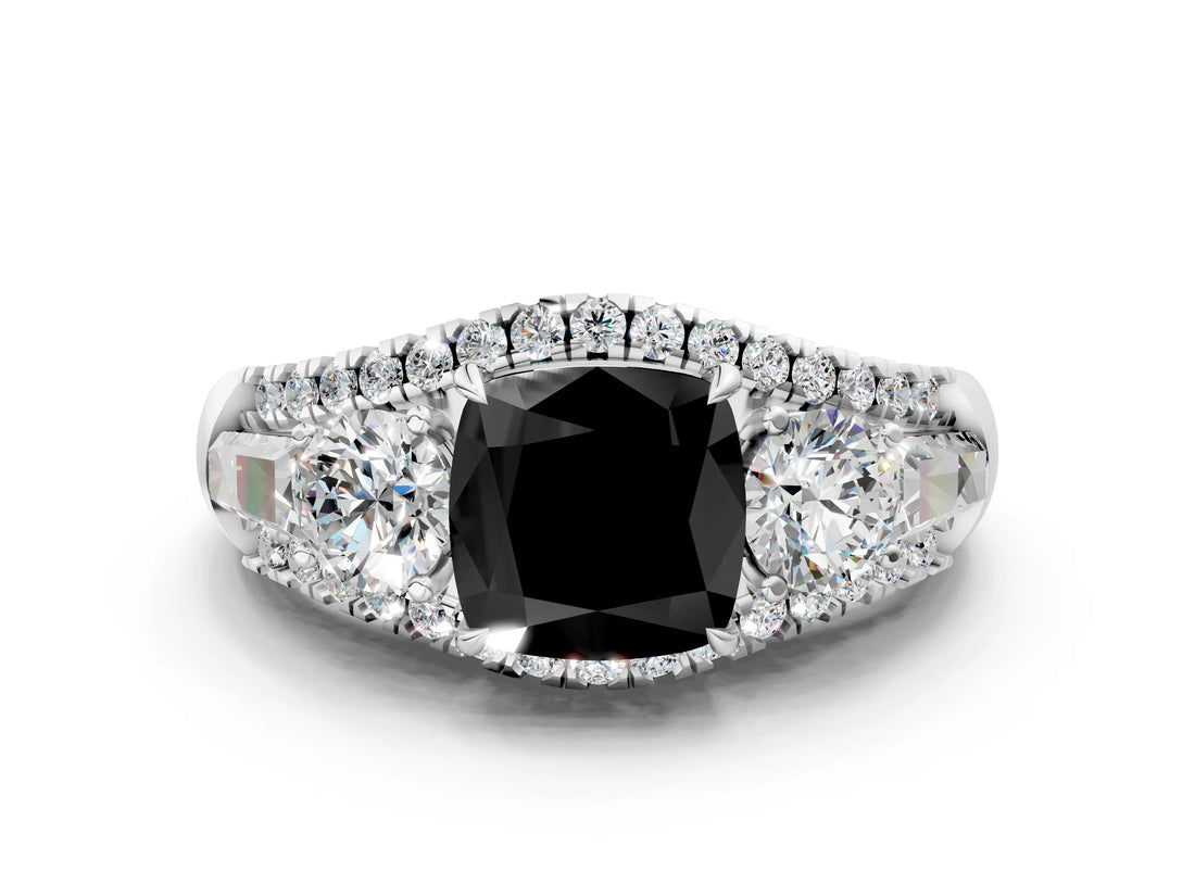 White gold Three-Stone Fancy Black Cushion Cut Diamond Engagement Ring with Pave Band and Prong Setting_12