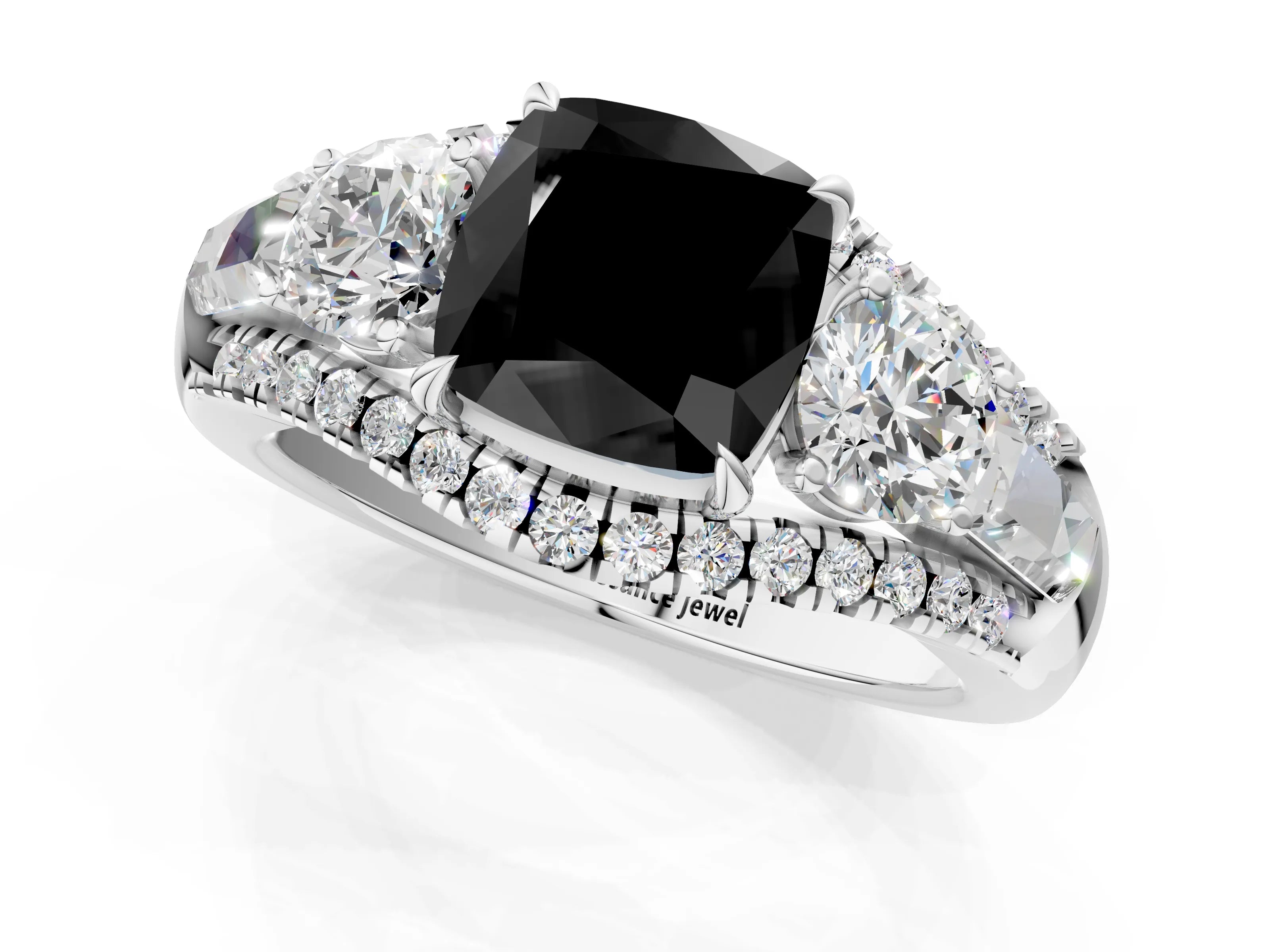 White gold Three-Stone Fancy Black Cushion Cut Diamond Engagement Ring with Pave Band and Prong Setting_13