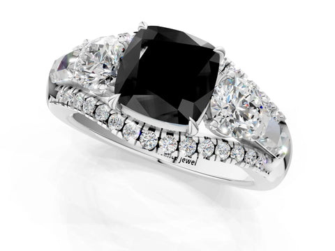 White gold Three-Stone Fancy Black Cushion Cut Diamond Engagement Ring with Pave Band and Prong Setting_13
