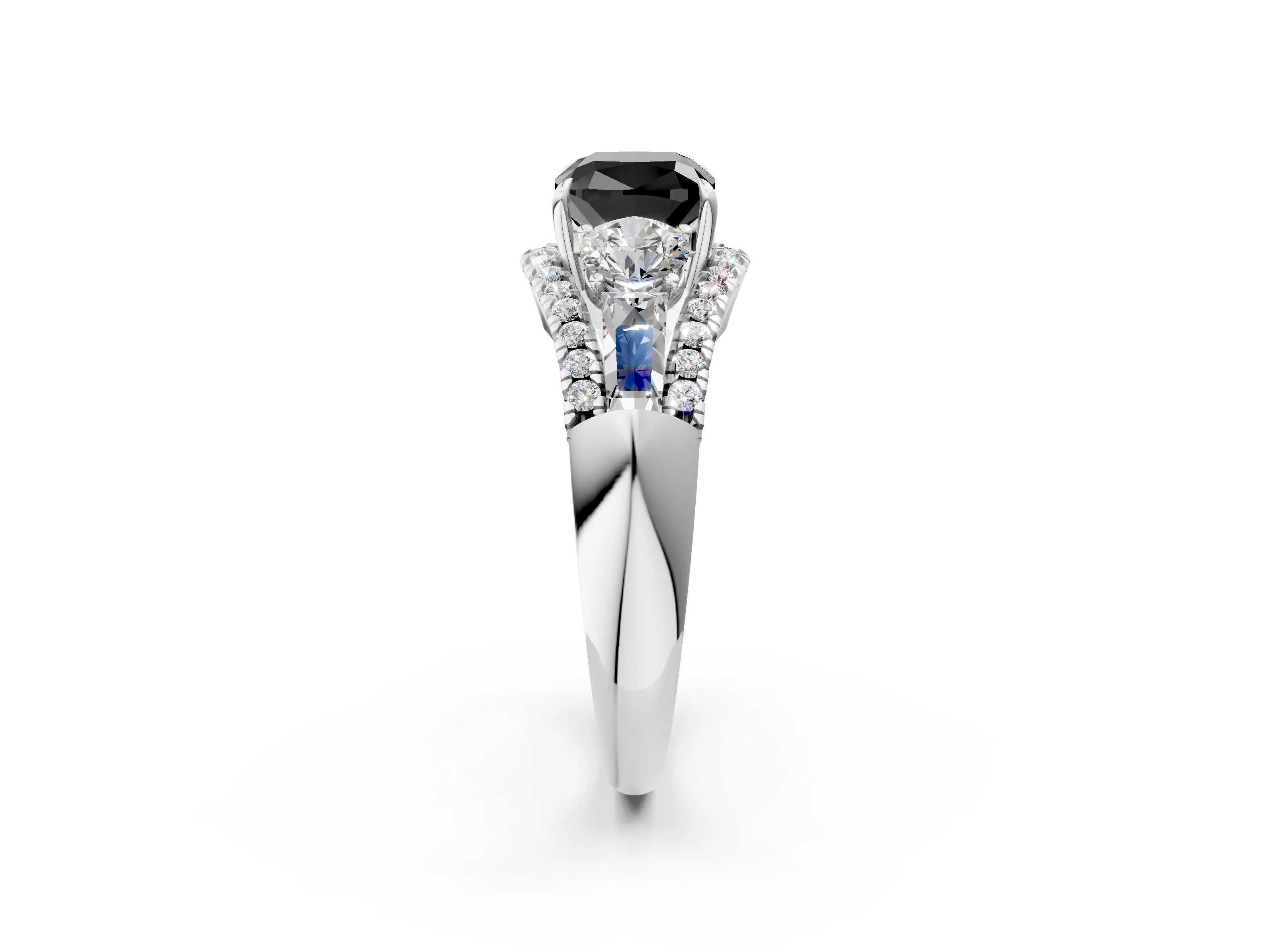 White gold Three-Stone Fancy Black Cushion Cut Diamond Engagement Ring with Pave Band and Prong Setting_14