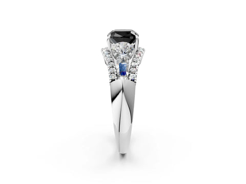 White gold Three-Stone Fancy Black Cushion Cut Diamond Engagement Ring with Pave Band and Prong Setting_14