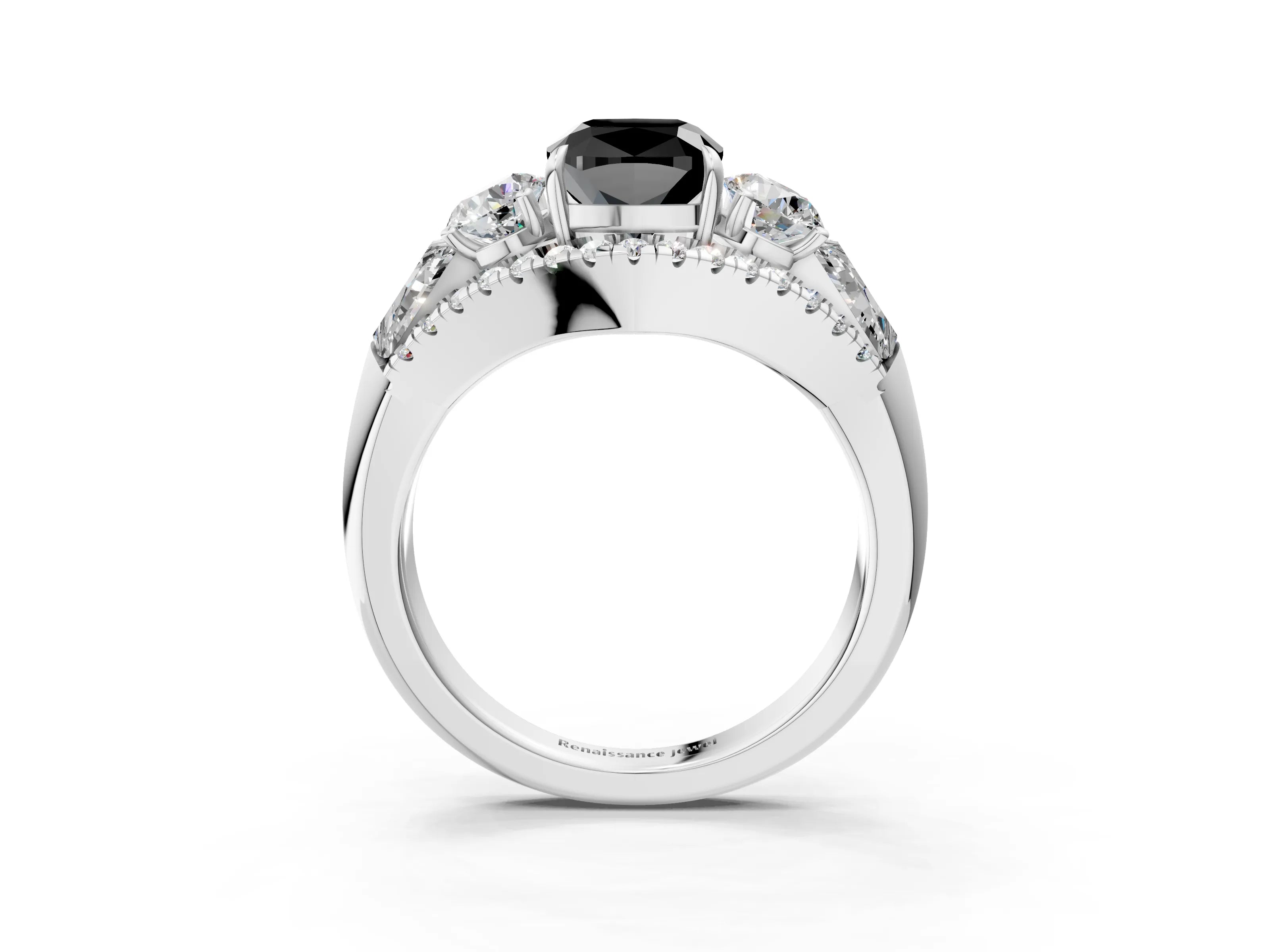 White gold Three-Stone Fancy Black Cushion Cut Diamond Engagement Ring with Pave Band and Prong Setting_15