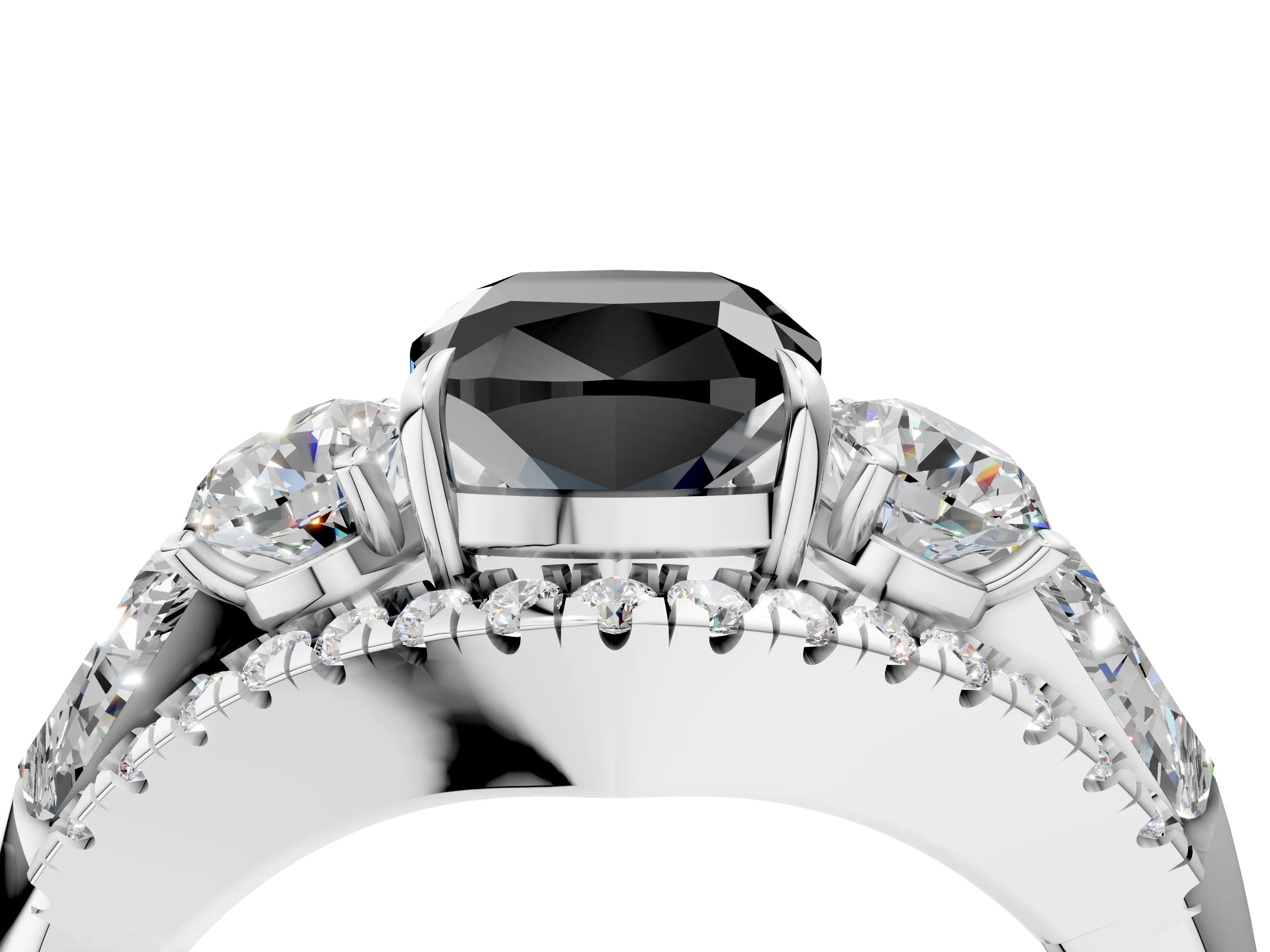 White gold Three-Stone Fancy Black Cushion Cut Diamond Engagement Ring with Pave Band and Prong Setting_16