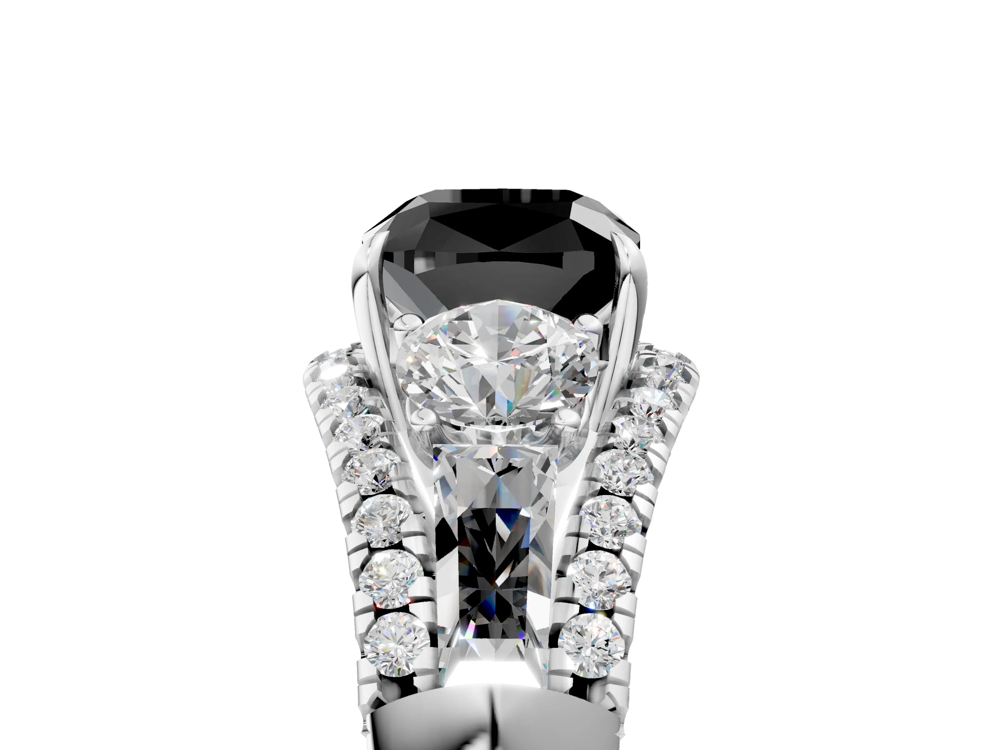 White gold Three-Stone Fancy Black Cushion Cut Diamond Engagement Ring with Pave Band and Prong Setting_17