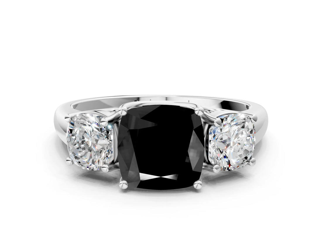 White gold Three-Stone Fancy Black Cushion Cut Diamond Engagement Ring with Prong Setting_15