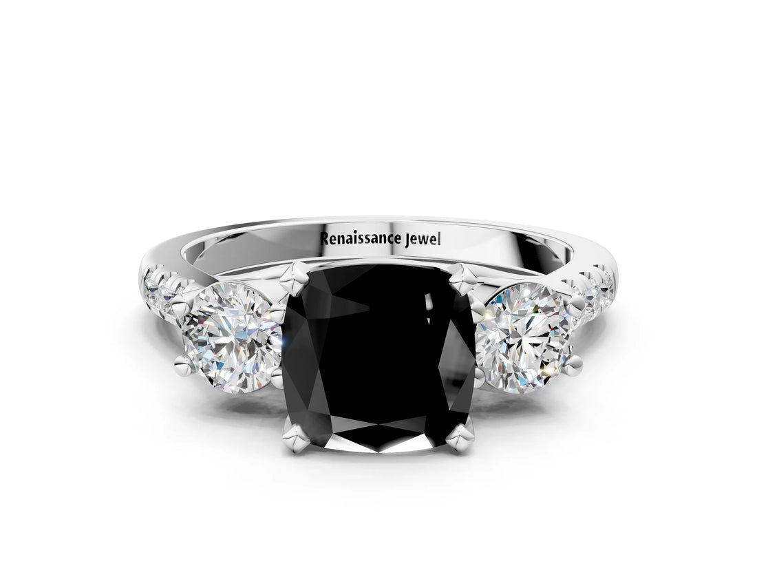 White gold Three-Stone Fancy Black Cushion Cut Diamond Pavé Band with Four-Prong Setting