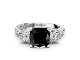 White gold Three-Stone Fancy Black Cushion Cut Diamond Pavé Band with Four-Prong Setting