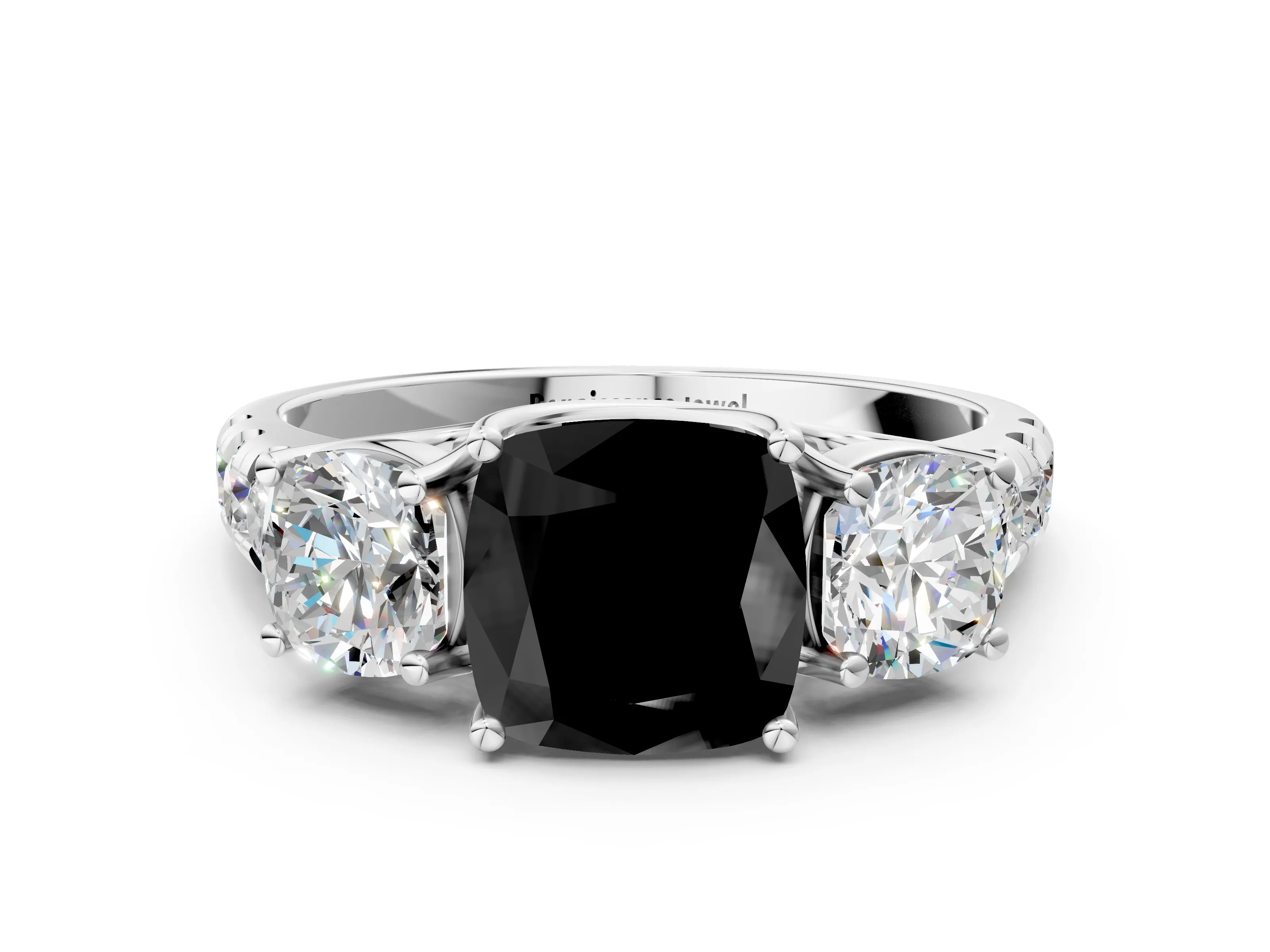 White gold Three-Stone Fancy Black Cushion Cut Diamond Pavé Band with Prong Setting_12