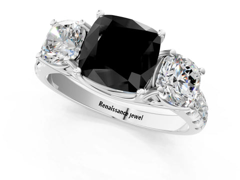 White gold Three-Stone Fancy Black Cushion Cut Diamond Pavé Band with Prong Setting_13