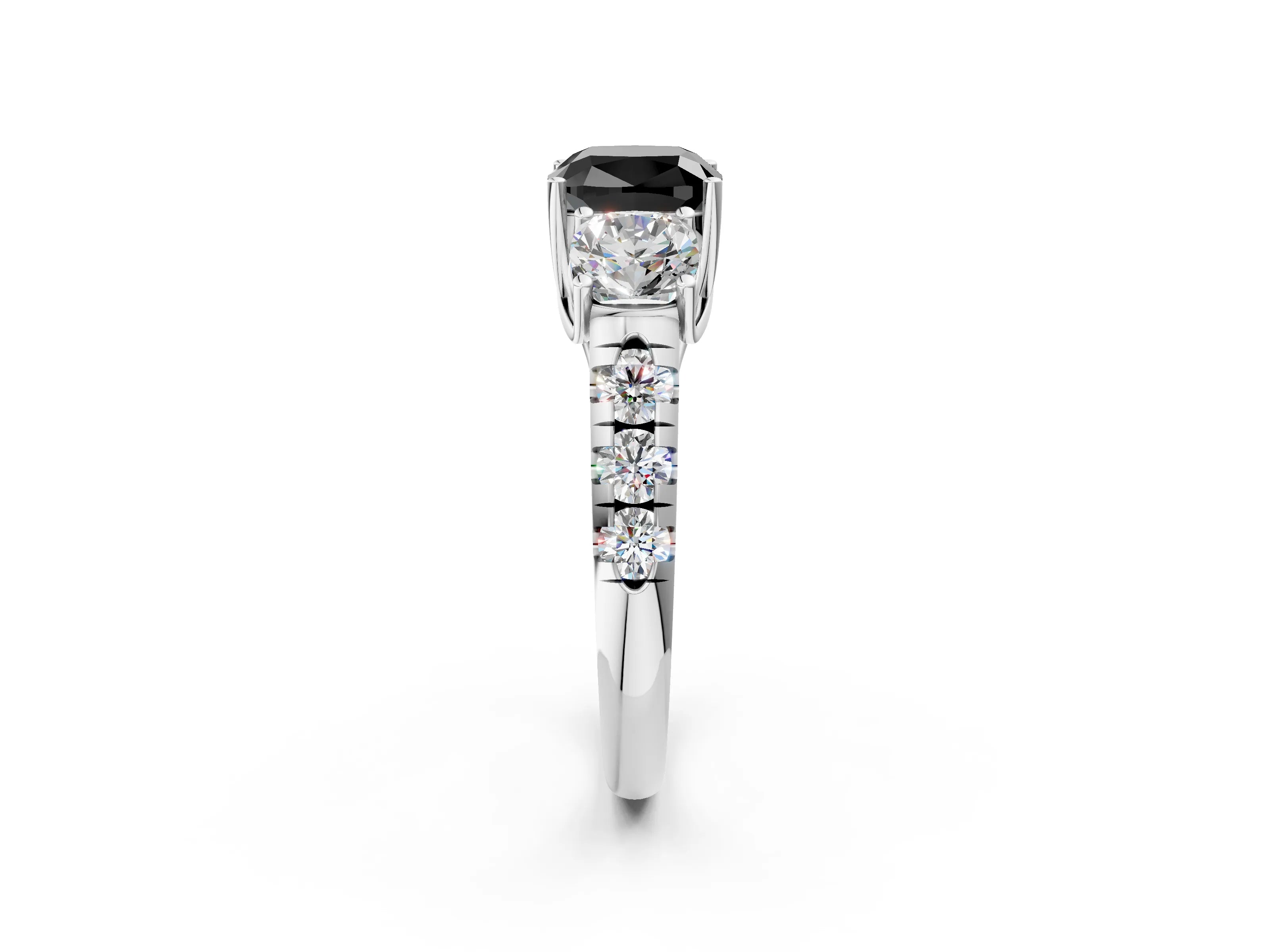 White gold Three-Stone Fancy Black Cushion Cut Diamond Pavé Band with Prong Setting_14