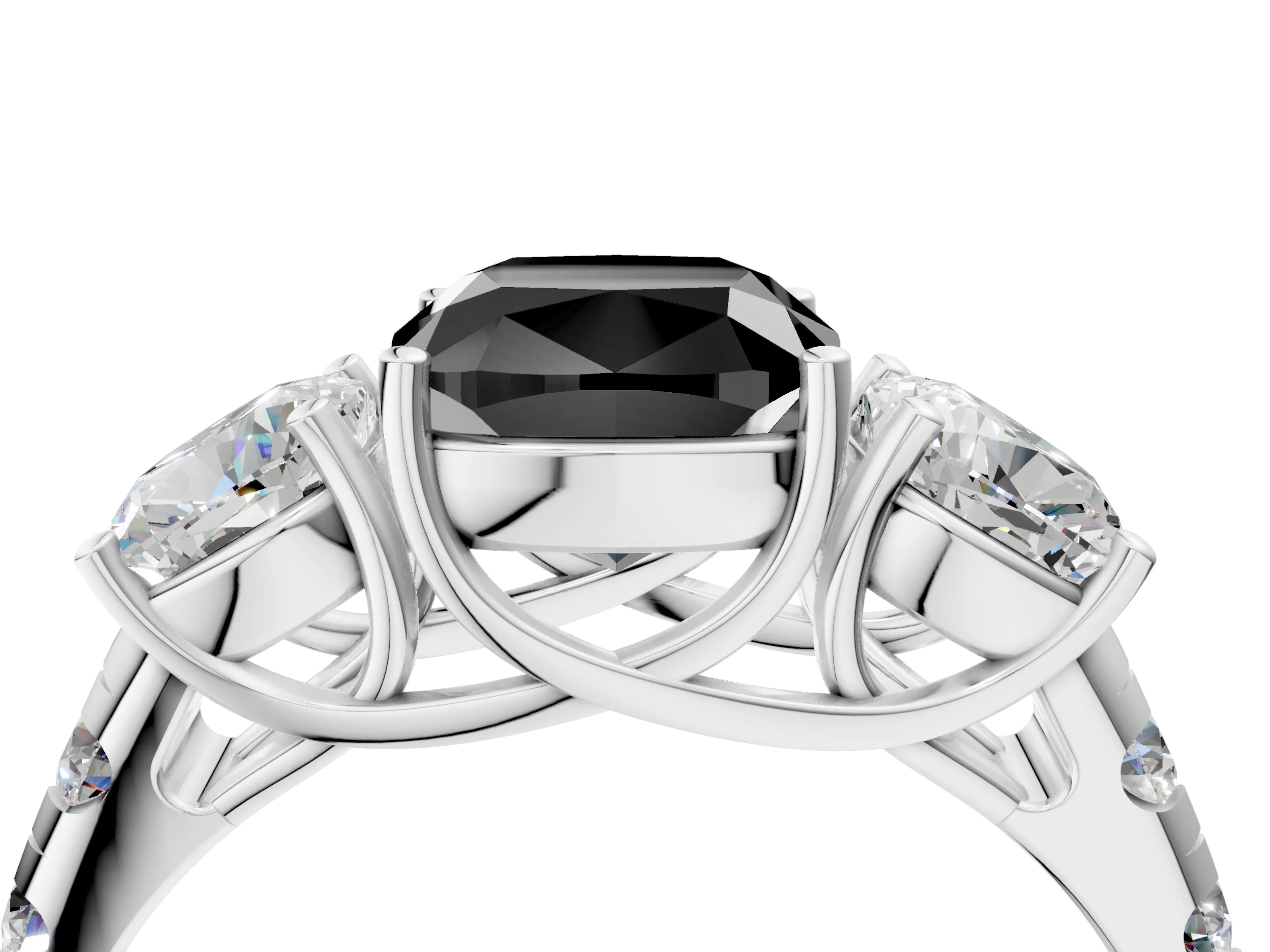 White gold Three-Stone Fancy Black Cushion Cut Diamond Pavé Band with Prong Setting_16