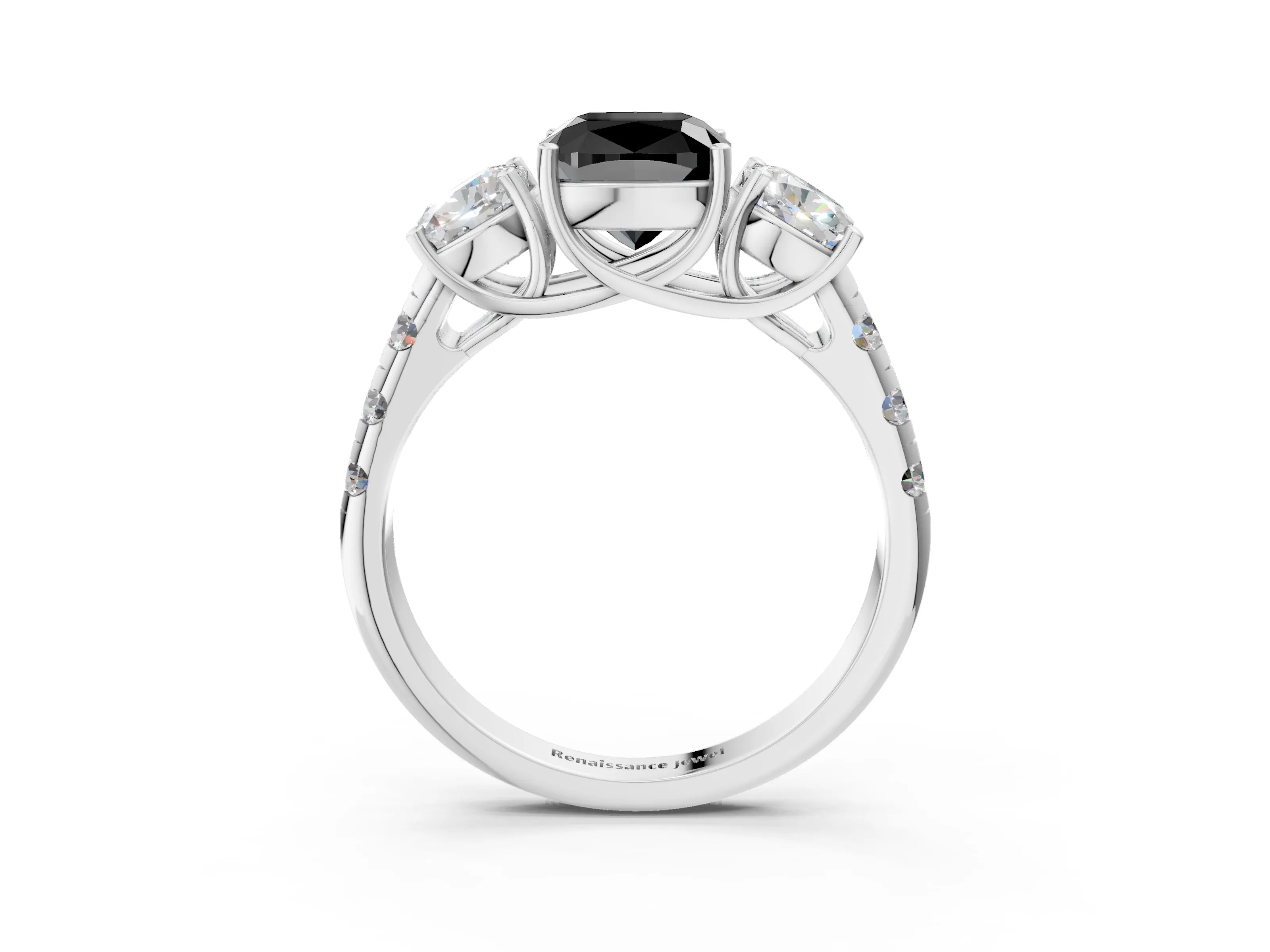 White gold Three-Stone Fancy Black Cushion Cut Diamond Pavé Band with Prong Setting_21