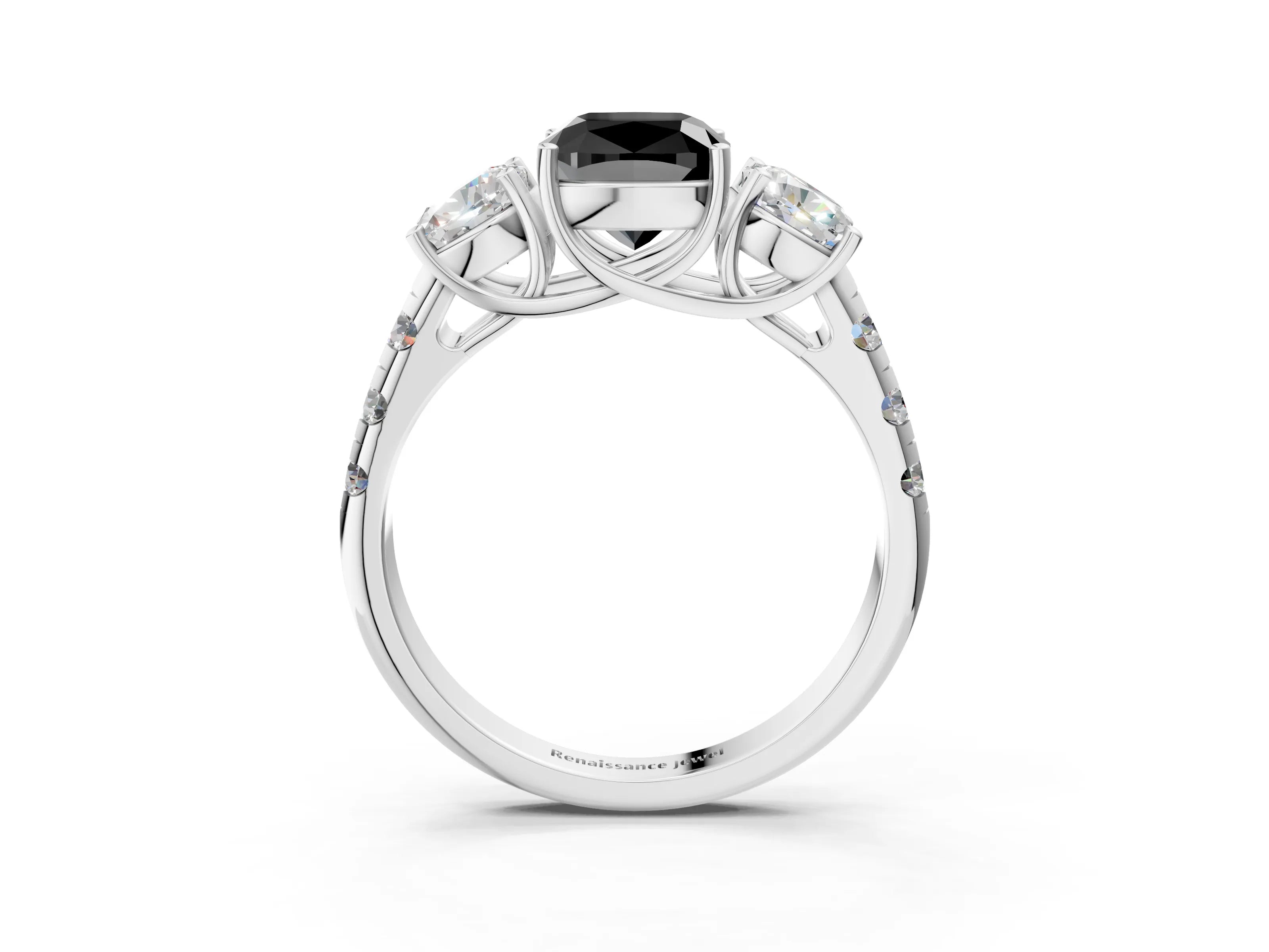 White gold Three-Stone Fancy Black Cushion Cut Diamond Pavé Band with Prong Setting_3