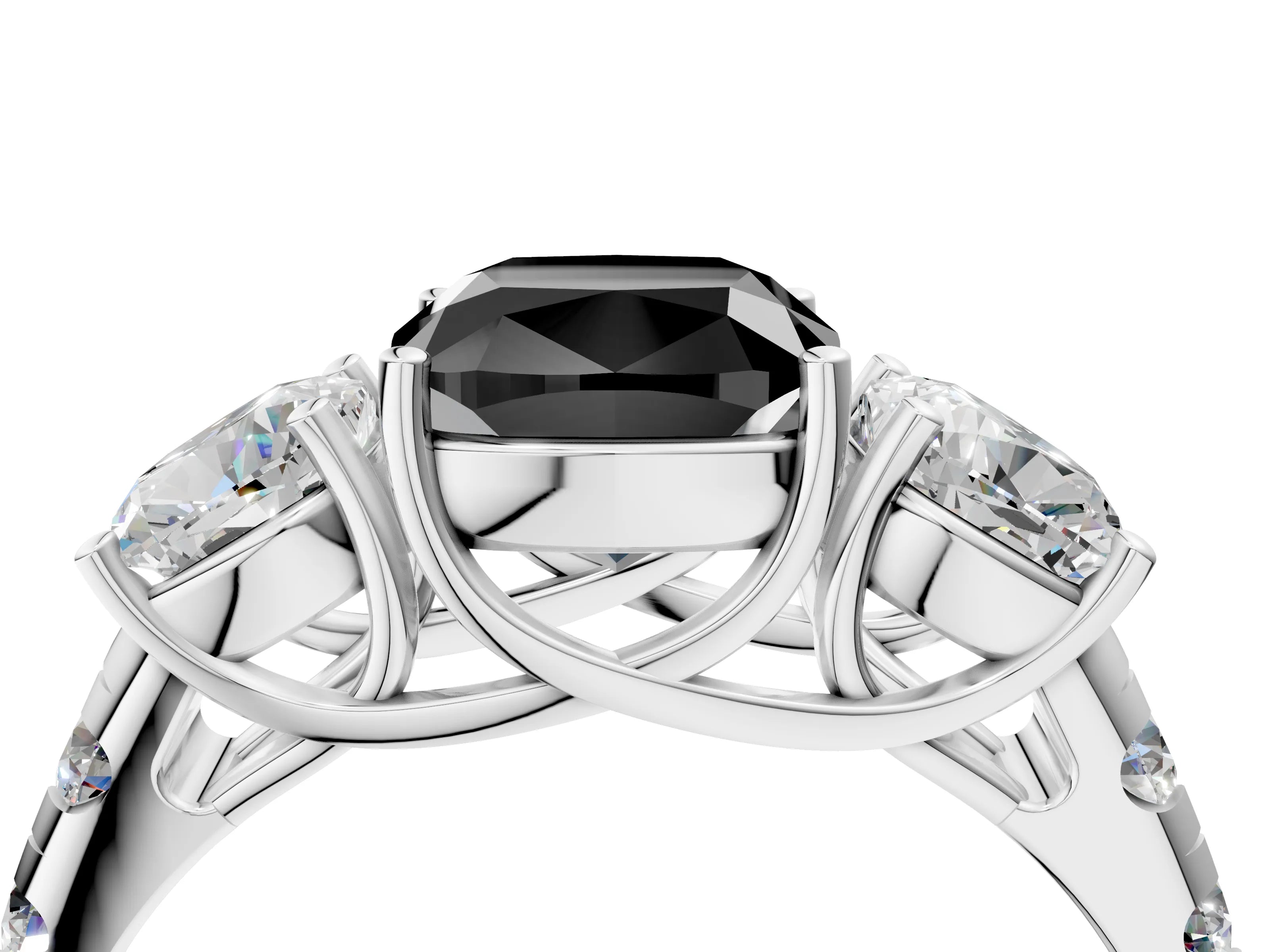 White gold Three-Stone Fancy Black Cushion Cut Diamond Pavé Band with Prong Setting_4