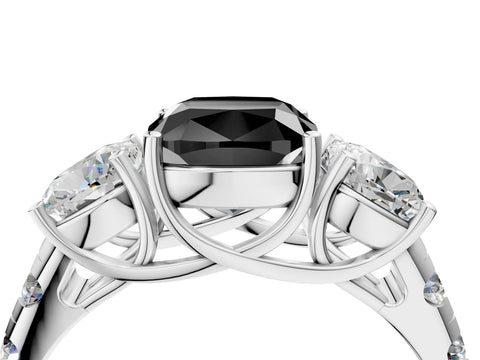 White gold Three-Stone Fancy Black Cushion Cut Diamond Pavé Band with Prong Setting_4