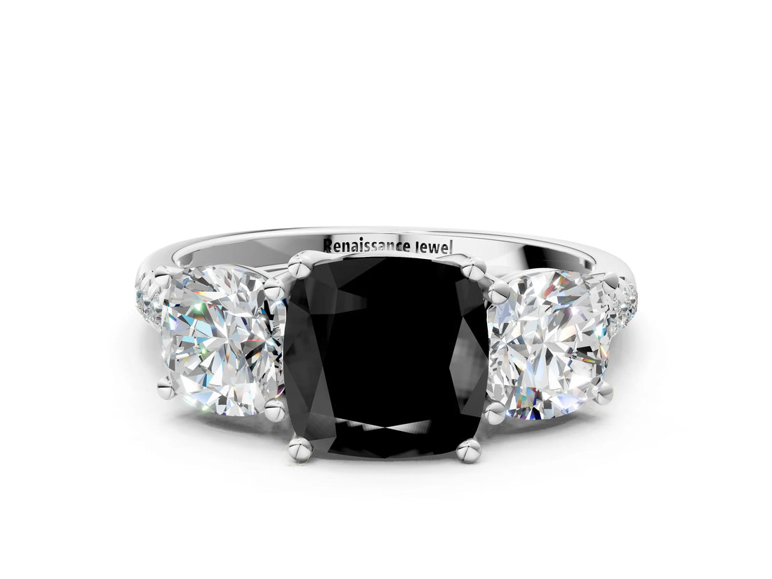 White gold Three-Stone Fancy Black Cushion Cut Diamond Ring with Pavé Band and Prong Setting_96