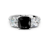 White gold Three-Stone Fancy Black Cushion Cut Diamond Ring with Pavé Band and Prong Setting_96